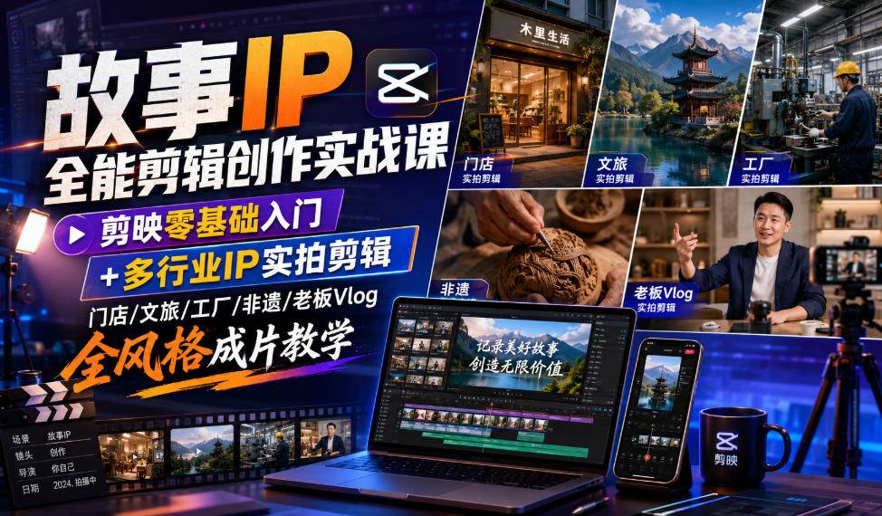故事IP全能剪辑创作实战课｜剪映零基础入门+多行业IP实拍剪辑，门店/文旅/工厂/非遗/老板Vlog全风格成片教学-极光库